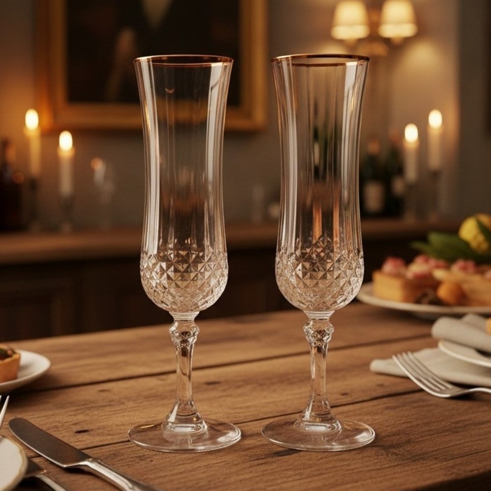 Cristal d'Arques Longchamp Gold Rim Crystal Champagne Flutes Set Of 2 (4.25 oz.)